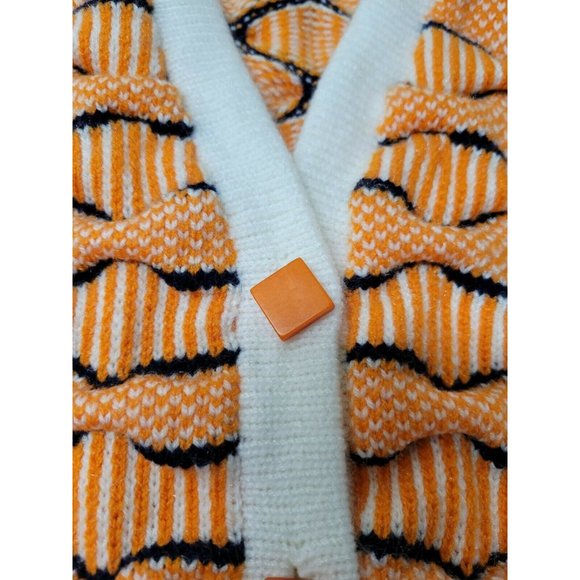 Vtg Womens Crazy Orange Wavy 3D Chunky Knit Cardigan Sweater Birdseye Stripe L? - Picture 10 of 11